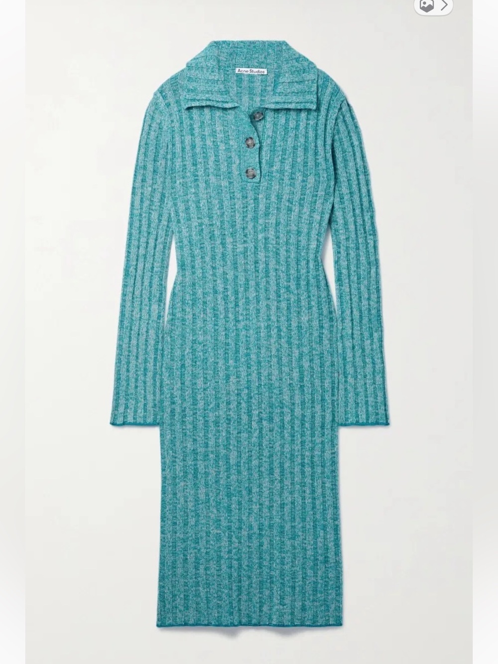 Acne Studios Teal Ribbed Button-Polo Knit Midi Dress L